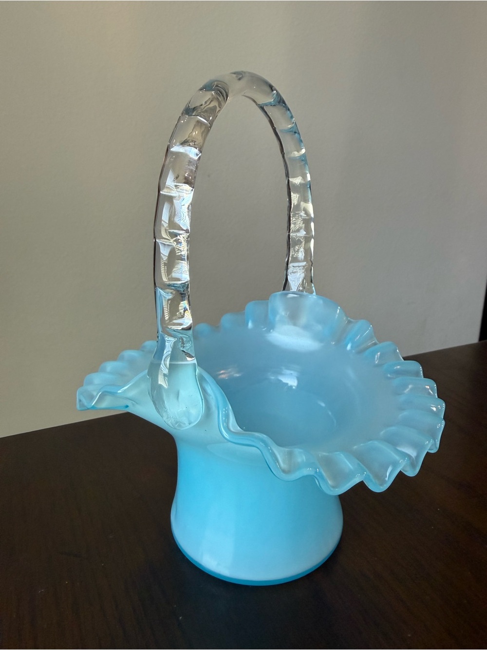 Large Vintage Fenton Blue Overlay Glass Basket 8.75” Tall